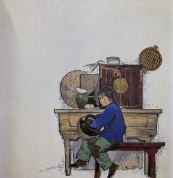 1girl architecture asian black_hair blue_shirt bowl braid child china cupboard east_asian_architecture egg_(food) food full_body green_pants long_hair original pants patchwork_clothes shirt shoes sitting solo table urn zhongguo_shuhua_shici_yuan