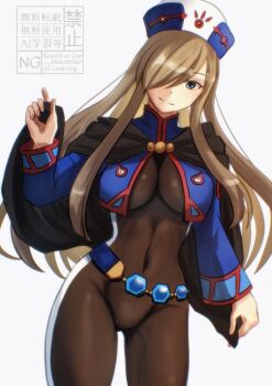 1girl black_cape blue_eyes blue_shrug bodystocking breasts brown_hair cape chloe_valens chloe_valens_(cosplay) closed_mouth commentary_request cosplay hair_over_one_eye hat komegura large_breasts long_hair navel red_trim shrug_(clothing) simple_background smile solo standing tales_of_(series) tales_of_legendia tales_of_the_abyss tear_grants watermark white_background