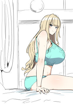 1girl bare_arms bare_shoulders blonde_hair blue_bra blue_eyes blue_panties blush bra breasts closed_mouth commentary_request dolphin_wave from_side fujou_joshi highres huge_breasts indoors kirahoshi_kanna long_hair looking_at_viewer panties partially_colored sitting solo underwear underwear_only