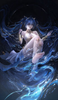 absurdres black_background blue_eyes blue_hair highres iuno_(wuthering_waves) long_hair no_shoes nuli_huahua_de_ybor ripples sitting smile twintails very_long_hair water wuthering_waves