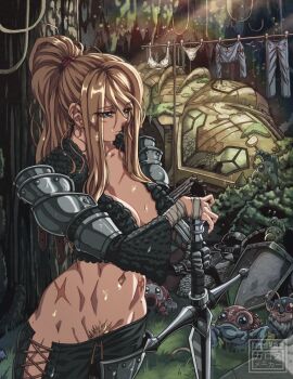 1girl alien armor artist_name bandaged_arm bandages bikini_armor blonde_hair blue_eyes bra breasts chainmail character_request check_character check_copyright cleavage clothesline clothing_cutout commentary copyright_request cowboy_shot creature dachora_(metroid) day english_commentary etecoon_(metroid) female_pubic_hair forest gauntlets grass groin highres hip_vent holding holding_sword holding_weapon hornoad karosu_maker large_breasts light_rays long_sword matching_underwear medieval metroid nature navel nintendo octorok outdoors panties pants planted planted_sword planted_weapon ponytail pubic_hair pubic_hair_peek revealing_clothes sad samus&#039;s_gunship samus_aran scar scar_on_chest scar_on_hip shirt shoulder_armor shrug_(clothing) sidelocks signature single_gauntlet solo_focus spacecraft standing sweat sword the_legend_of_zelda toned toned_female tree underwear unworn_bra unworn_panties unworn_pants unworn_shirt weapon white_bra white_panties wreckage