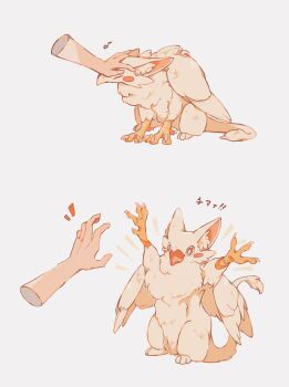 =_= animal_focus arms_up beak bird_wings chilfa_112 closed_eyes creature disembodied_hand feathered_wings full_body griffin highres mixed_limbs multiple_views musical_note open_mouth original out_of_frame petting sequential simple_background sitting tail white_background wings