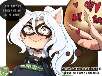 1boy 1girl animal_ears bag banknote black_cat_(marvel) bodysuit cat_ears cat_girl cat_tail commentary dollar_bill english_commentary english_text female_pervert heart heart-shaped_pupils holding holding_bag imagining kinkymation marvel money pervert speech_bubble marvel's_spider-man spider-man_(series) symbol-shaped_pupils tail