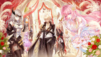 3boys 4girls absurdres aglaea_(honkai:_star_rail) alternate_costume anaxa_(honkai:_star_rail) black_coat black_gloves black_pants blonde_hair breasts castorice_(honkai:_star_rail) cleavage coat commentary crossed_arms cup cyrene_(honkai:_star_rail) cyrene_(ripples_of_past_reverie)_(honkai:_star_rail) diamond-shaped_pupils diamond_(shape) dress drinking_glass duplicate english_commentary eye_mask flower fylus gloves green_hair grey_hair highres holding holding_cup holding_mask honkai:_star_rail honkai_(series) indoors large_breasts long_hair looking_at_viewer mask medium_hair multiple_boys multiple_girls mydei_(honkai:_star_rail) pants phainon_(honkai:_star_rail) phainon_(khaslana)_(honkai:_star_rail) pink_hair pointy_ears purple_eyes purple_hair reaching reaching_towards_viewer red_flower red_rose rose shirt short_hair smile stelle_(honkai:_star_rail) symbol-shaped_pupils trailblazer_(honkai:_star_rail) very_long_hair white_dress white_shirt wine_glass