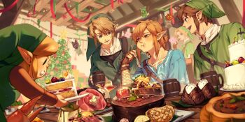 5boys absurdres blue_tunic brown_hair cake champion's_tunic_(zelda) christmas christmas_tree doyaaaa777 eating feast food green_hat green_tunic hat highres indoors korok link male_focus meat multiple_boys multiple_persona nintendo table the_legend_of_zelda the_legend_of_zelda:_breath_of_the_wild the_legend_of_zelda:_link's_awakening the_legend_of_zelda:_ocarina_of_time the_legend_of_zelda:_skyward_sword the_legend_of_zelda:_twilight_princess tunic