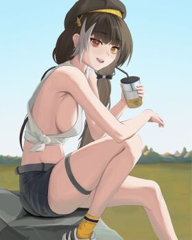 1girl absurdres beret black_hair bow breasts commentary crop_top cup drinking_glass english_commentary garter_belt girls'_frontline girls'_frontline_2:_exilium hair_bow hat heterochromia highres holding holding_cup large_breasts long_hair looking_at_viewer mountainous_horizon multicolored_hair red_eyes ro635_(girls'_frontline) robella_(girls'_frontline_2) rock shoes shorts sideboob sitting smile sneakers socks solo twintails very_long_hair white_hair yellow_eyes yellow_socks yuuriy