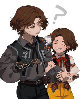 2boys ? ascot belt black_ascot black_gloves black_pants black_shirt blush bow brown_belt brown_hair closed_eyes cross-shaped_pupils cross_stitch doll_joints gloves grin height_difference highres holding_another&#039;s_arm identity_v joints looking_at_another louis_(identity_v) male_focus matthias_czernin multiple_boys pants pin puffy_sleeves rainbow_ocat red_bow scar scar_on_face shirt shorts single_glove smile stitched_eye stitched_mouth stitches stuffing sweat symbol-shaped_pupils wavy_hair yellow_shorts