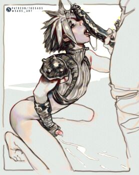 2boys armor artist_name ass barefoot bottomless cloud_strife commentary cum cum_on_body cum_on_hair ejaculation english_commentary facial fellatio final_fantasy final_fantasy_vii half-closed_eyes licking male_masturbation masturbation multiple_boys open_mouth oral patreon_username pauldrons sabu_(sabudenego) shoulder_armor single_pauldron sleeveless sleeveless_turtleneck solo_focus spiked_hair tongue tongue_out turtleneck twitter_username uncensored yaoi