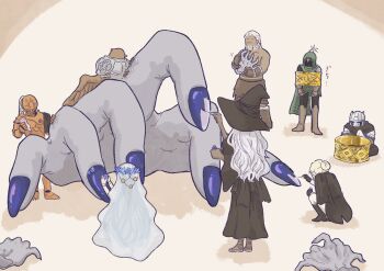 2girls 5boys animal_head armor beard bird_boy black_boots black_capelet black_dress black_gloves black_hat black_jacket black_mask black_pants black_scarf blonde_hair boots bottle brown_background brown_boots brown_gloves cape capelet covered_face dark-skinned_female dark-skinned_male dark_skin doll_joints dress duchess_(elden_ring) elden_ring elden_ring_nightreign executor_(elden_ring) facial_hair fingercreeper_(elden_ring) flower_wreath giant_hand gloves gold_armor green_cape green_hood green_jacket guardian_(elden_ring) hair_bun hands_up hat head_wreath helmet highres holding holding_bottle hood hood_up ironeye_(elden_ring) jacket jewelry joints long_hair long_sleeves multiple_boys multiple_girls nail_ornament nail_polish pants plume polishing raider_(elden_ring) recluse_(elden_ring) revenant_(elden_ring) ring scarf short_hair sitting sugulu topless_male veil white_hair white_pants wide_sleeves winged_helmet wings witch_hat wylder_(elden_ring)