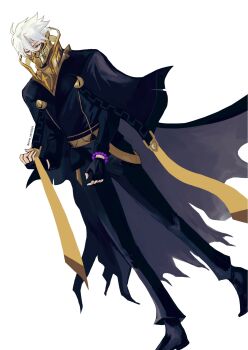 1boy black_cape black_gloves bracelet cape commentary_request covered_mouth dutch_angle fingerless_gloves full_body ghostblade_(to_be_hero_x) gloves highres jewelry looking_at_viewer male_focus rena_sen2024 short_hair solo standing to_be_hero to_be_hero_x white_hair