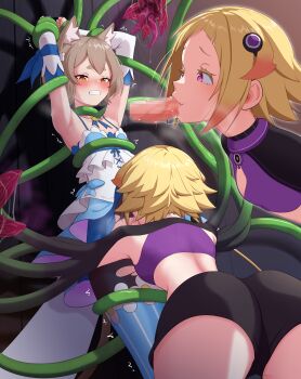 1boy 1girl absurdres animal_ears armpits arms_up ass bare_shoulders bikini black_shorts black_shrug blonde_hair blue_leggings blunt_bangs blush bolo_tie bound bound_legs bound_torso bound_wrists bow breasts brown_eyes brown_hair capella_emerada_lugnica cat_boy cat_ears censored clenched_teeth commentary_request commission detached_sleeves double-parted_bangs dress felix_argyle fellatio femdom hair_between_eyes hair_bow hair_ornament hetero highres leggings micro_shorts midriff monster_girl mosaic_censoring multiple_views nose_blush oral penis penis_milking pink_eyes pixiv_commission purple_bikini rape re:zero_kara_hajimeru_isekai_seikatsu saliva short_hair shorts shrug_(clothing) sidelocks sleeveless sleeveless_dress small_breasts standing striped_leggings sweat swimsuit tears teeth tentacles tentacles_on_male thick_eyebrows torn_clothes trap trap_on_female vertical-striped_leggings white_bow white_dress white_sleeves yakimekabu