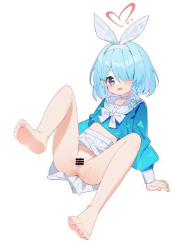 1girl :o anus arm_support arona_(blue_archive) bar_censor bare_legs barefoot blue_archive blue_eyes blue_hair blue_pupils blue_shirt blush bow bow_hairband bowtie braid bright_pupils censored choker cleft_of_venus colored_inner_hair dot_nose fang feet fingernails foot_focus full_body hair_over_one_eye hairband halo heart heart_halo highres knees_up loli long_sleeves looking_at_viewer midriff_peek miniskirt mofan_sama multicolored_hair navel no_panties parted_lips pink_hair pleated_skirt puffy_long_sleeves puffy_sleeves pussy red_halo sailor_collar school_uniform serafuku shirt short_hair simple_background single_braid sitting skin_fang skirt sleeve_cuffs soles solo spread_legs streaked_hair sweatdrop toe_scrunch toes two-tone_hair white_background white_bow white_bowtie white_choker white_hairband white_sailor_collar white_skirt