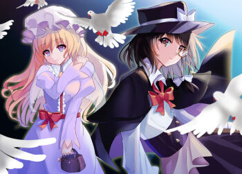 Rule 34 | 2girls, adapted costume, bird, black capelet, black hat, black skirt, bow, bowtie, brown eyes, brown hair, capelet, closed mouth, collared shirt, commentary request, dated commentary, dress, frills, hair bow, hat, hat bow, holding, kevn, long hair, maribel hearn, mob cap, monocle, multiple girls, open mouth, pigeon, purple dress, red bow, red bowtie, red sash, sash, shirt, shirt tucked in, skirt, smile, touhou, usami renko, white bow, white capelet, white hat, white shirt