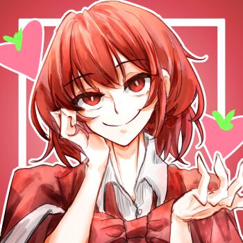 Rule 34 | 1girl, black sheep (artist), bow, bowtie, capelet, closed mouth, collared shirt, facing viewer, food, fruit, head rest, highres, okazaki yumemi, open hand, outline, portrait, red background, red bow, red bowtie, red capelet, red eyes, red hair, shirt, short sleeves, smile, solo, strawberry, touhou, touhou (pc-98), white outline, white trim