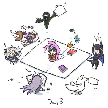 5girls animal_costume black_hair book c: chibi disembodied_hand flat_color fuwawa_abyssgard fuwawa_abyssgard_(1st_costume) goose_(untitled_goose_game) highres holoadvent hololive hololive_english koseki_bijou koseki_bijou_(1st_costume) lying mococo_abyssgard mococo_abyssgard_(1st_costume) multiple_girls nerissa_ravencroft nerissa_ravencroft_(1st_costume) on_back orange_eyes phasmophobia pillow rabbit_costume rectangular_mouth shiori_novella shiori_novella_(1st_costume) simple_background sitting smile spooky&#039;s_house_of_jump_scares surprised ta_wam throwing untitled_goose_game virtual_youtuber white_background