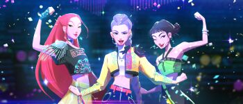 Rule 34 | 3girls, absurdres, arm up, black hair, bracelet, braid, braided ponytail, celinekim218, commentary, concept art, cowboy shot, crop top, cropped jacket, double bun, earrings, english commentary, epaulettes, fingerless gloves, gloves, hair bun, halterneck, highres, jewelry, kpop demon hunters, long hair, looking at viewer, microphone, mira (kpop demon hunters), multiple girls, one eye closed, pink hair, pink lips, purple hair, rumi (kpop demon hunters), sidelocks, smile, zoey (kpop demon hunters)