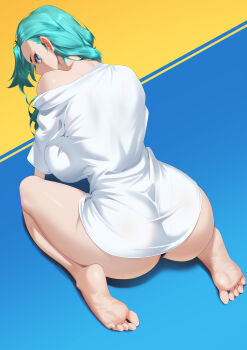 1girl aqua_eyes aqua_hair ass bare_legs barefoot black_panties blue_background blueorca breasts bright_pupils commentary covered_mouth english_commentary feet highres large_breasts long_hair looking_at_viewer mole mole_on_ass mole_on_neck no_pants off_shoulder original panties pantylines profile seiza shirt short_sleeves sideways_glance sitting soles solo t-shirt toes two-tone_background underwear white_pupils white_shirt yellow_background
