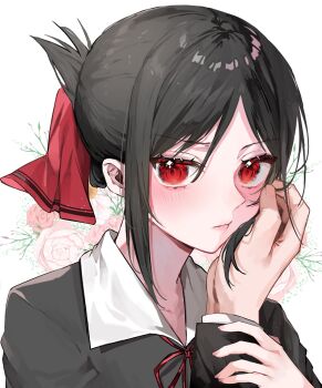 1boy 1girl black_hair black_shirt collar commentary floral_background flower folded_ponytail guiding_hand hair_ribbon hand_on_another&#039;s_arm hand_on_another&#039;s_cheek hand_on_another&#039;s_face highres kaguya-sama_wa_kokurasetai_~tensai-tachi_no_renai_zunousen~ light_blush lips long_sidelocks looking_at_viewer parted_bangs pink_flower pov red_eyes red_ribbon ribbon school_uniform shinomiya_kaguya shirt shuuchiin_academy_school_uniform sidelocks simple_background solo_focus standing tsu_bas2 upper_body white_background white_collar
