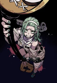 Rule 34 | 1girl, a.b.a, amaya 5321, bandaged leg, bandaged neck, bandages, belt, breasts, clenched teeth, curtained hair, fingerless gloves, from above, gloves, green eyes, green hair, green nails, guilty gear, guilty gear strive, headband, highres, holding, holding weapon, key in head, long hair, looking at viewer, mask, nail polish, object through head, paracelsus (guilty gear), parted hair, shorts, slit pupils, solo, straight hair, sweat, teeth, weapon, worried