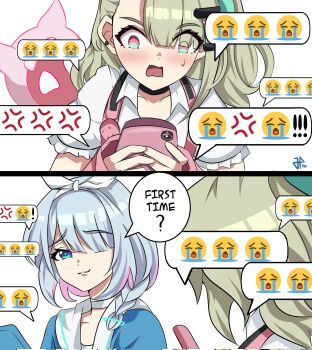 Rule 34 | 2girls, 2koma, ?, anger vein, arm warmers, arona (blue archive), blue archive, blue eyes, blue hair, blush, braid, colored inner hair, comic, commentary, crossover, crying emoji, emoji, english commentary, english text, hair ornament, hair over one eye, hairband, highres, holding, holding phone, james franco first time? (meme), jpno, long sleeves, meme, multicolored eyes, multicolored hair, multiple girls, multiple hair clips, open mouth, phone, pink arm warmers, pink bag, pink hair, sailor collar, shirt, short hair, single braid, smug, speech bubble, sunna (zenless zone zero), surprised, sweat, uohhhhhhhhh! (meme), white background, white hairband, white shirt, zenless zone zero