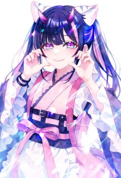 1boy animal_ears apron black_hair chou_kaguya-hime! closed_mouth commentary_request cowboy_shot crossdressing crossdressing_(mtf) eyelashes frilled_apron frilled_kimono frilled_sleeves frills hands_on_own_cheeks hands_on_own_face hands_up heart heart_cheeks heart_hands highres japanese_clothes kimono komazawa_noi long_hair long_sleeves looking_at_viewer male_focus multicolored_hair pink_kimono pink_lips pink_ribbon purple_eyes ribbon smile solo sp_0 streaked_hair tiger_ears trap waist_apron white_apron white_background wide_sleeves