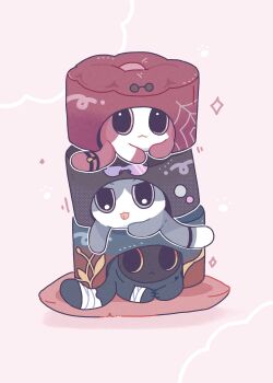 :&lt; :3 :p animalization bandaged_arm bandaged_tail bandages black_cat blade_(sesame_cake)_(honkai:_star_rail) bulbaasaur cat cake_cat_(honkai:_star_rail) glasses grey_cat highres honkai:_star_rail honkai_(series) kafka_(shader_cat)_(honkai:_star_rail) mooncake no_humans orange_eyes pince-nez pink_background pink_cat pink_eyes silk silver_wolf_(honkai:_star_rail) simple_background sparkle spider_web stack sunglasses tail_strap tongue tongue_out