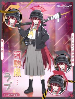 1girl artist_request black_boots black_gloves black_jacket blue_archive boots closed_eyes combat_helmet commentary_request fingerless_gloves gloves grey_sailor_collar grey_skirt grin gun hair_between_eyes hand_in_pocket helmet highres holding holding_gun holding_weapon jacket long_hair long_skirt looking_at_viewer neckerchief official_art open_mouth over_shoulder pleated_skirt pump_action rabu_(blue_archive) red_eyes red_hair sailor_collar sharp_teeth shirt shotgun sidelocks skirt smile solo teeth weapon weapon_over_shoulder white_shirt yellow_neckerchief