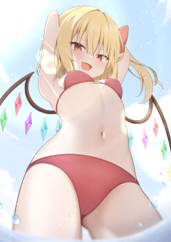 1girl :d absurdres alternate_costume armpits arms_behind_head arms_up backlighting bikini blonde_hair blue_sky blush bow breasts cloud commentary_request cowboy_shot crystal crystal_wings day eyelashes fang flandre_scarlet from_below gluteal_fold hair_between_eyes hair_bow highres looking_at_viewer looking_down medium_hair multicolored_wings navel one_side_up open_mouth outdoors paid_reward_available red_bikini red_bow red_eyes sky slit_pupils small_breasts smile solo standing stomach sunlight swimsuit szl thighs touhou tsurime underboob wet wings