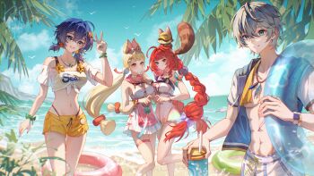 1boy 3girls absurdres alice_thymefield alice_thymefield_(sea_of_thyme) animal_ears aqinorz beach belle_(summer_skies)_(zenless_zone_zero) belle_(zenless_zone_zero) blonde_hair blue_hair blush braid breasts chinese_commentary cleavage commentary_request crop_top cup disposable_cup eyewear_on_head green_eyes grey_hair hair_ornament heart highres innertube long_hair looking_at_viewer multiple_girls navel official_alternate_costume one-piece_swimsuit open_mouth orange_shorts outdoors pink_one-piece_swimsuit red_hair shirt short_hair shorts siblings smile sphere_hair_ornament stomach swim_ring swimsuit thigh_strap twintails two-tone_one-piece_swimsuit ukinami_yuzuha ukinami_yuzuha_(tanuki_in_broad_daylight) v very_long_hair white_shirt wise_(peaceful_waves)_(zenless_zone_zero) wise_(zenless_zone_zero) zenless_zone_zero