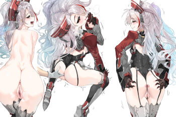 1boy 1girl absurdres anal anal_fingering ass azur_lane back black_gloves blush censored commander_(azur_lane) fingering gloves highres long_hair looking_at_viewer looking_back mosaic_censoring nude open_mouth orange_eyes prinz_eugen_(azur_lane) red_hair smile steam sunnysideup twintails white_background white_gloves white_hair