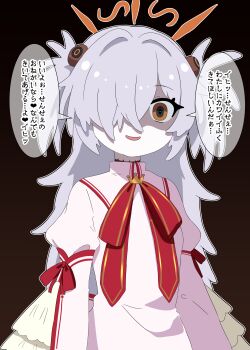 1girl :d absurdres alternate_costume arms_at_sides aya-cis black_eyes blue_archive brown_background brown_eyes commentary_request cowboy_shot crazy_eyes crazy_smile crown dress eyeball_hair_ornament frilled_sleeves frills gradient_background grey_hair hair_over_one_eye halo heart highres juliet_sleeves kanoe_(blue_archive) kazamatsuri_institute_high_school_uniform long_bangs long_hair long_sleeves looking_at_viewer mini_crown multicolored_eyes neck_ribbon one_eye_covered open_mouth orange_halo outline partial_commentary pink_dress puffy_sleeves red_ribbon rewrite ribbon scar scar_on_neck school_uniform shaded_face simple_background smile solo speech_bubble spiked_hair trait_connection translated two-tone_eyes two_side_up very_long_hair white_outline wide-eyed wide_sleeves