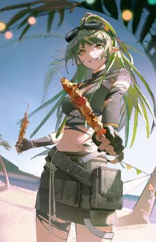 1girl absurdres arknights beach black_gloves black_nails bracelet chinese_commentary commentary_request crocodile crocodilian crop_top elbow_gloves feet_out_of_frame food gavial_(arknights) gavial_the_invincible_(arknights) gloves goggles goggles_on_head green_hair green_skirt grin highres holding holding_skewer jewelry long_hair looking_at_viewer lyooo_6 material_growth navel oripathy_lesion_(arknights) outdoors palm_tree pointy_ears pouch sand shish_kebab skewer skirt smile solo stomach stomach_tattoo tattoo torn_clothes torn_gloves tree yellow_eyes