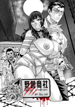 1girl 2boys absurdres bdsm bondage bound breasts crotch_rope female_focus gag gagged highres monochrome multiple_boys nipples original public_indecency restrained rope shibari wei_suo_biao_shu