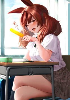 1girl alternate_costume animal_ears black_skirt black_socks black_streaks blush breasts brown_eyes brown_hair chair commentary_request desk food highres holding holding_food holding_popsicle horse_ears horse_girl hoshikuzu_kizuna_(kizuna_stardust) indoors kneehighs long_hair looking_at_viewer multicolored_hair nice_nature_(umamusume) on_chair open_mouth pencil_case plaid_clothes plaid_skirt pleated_skirt popsicle school_chair school_desk school_uniform shirt short_sleeves sitting skirt socks solo streaked_hair thick_thighs thighs tongue tongue_out twintails umamusume white_shirt
