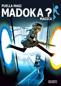 2girls beret blonde_hair blue_eyes blue_hair boots brown_legwear cape corset cover crossover detached_sleeves drill_hair fake_cover fingerless_gloves gloves gun hair_ornament hairpin hat highres kyubey magical_girl magical_musket mahou_shoujo_madoka_magica mahou_shoujo_madoka_magica_(anime) miki_sayaka miki_sayaka_(magical_girl) multiple_girls parody pleated_skirt portal portal_(series) portal_1 portal_2 puffy_sleeves ribbon rifle short_hair skirt striped_clothes striped_legwear striped_thighhighs sword thighhighs tomoe_mami tomoe_mami_(magical_girl) twin_drills twintails valve vertical-striped_clothes vertical-striped_legwear vertical-striped_thighhighs weapon yamada_marin yellow_eyes zettai_ryouiki