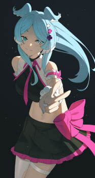 :3 absurdres alternate_costume arm_bow arm_ribbon asymmetrical_legwear asymmetrical_sidelocks backlighting bare_shoulders black_background black_choker black_shirt black_skirt blue_eyes blue_hair blue_nails blue_wings bow bow_skirt bracelet breasts choker closed_mouth collared_shirt colored_tips commentary crop_top cross-shaped_pupils elira_pendora english_commentary eyebrows_hidden_by_hair fingernails floating_hair frilled_skirt frills fur_armlet fur_bracelet hair_over_shoulder hair_wings half-closed_eyes head_tilt head_wings heterochromia highres idol idol_clothes jewelry karassawa large_bow leaning_forward light_blush light_smile long_eyelashes long_hair looking_at_viewer looking_to_the_side medium_breasts midriff miniskirt multicolored_hair multicolored_shirt narrowed_eyes navel necktie nijisanji nijisanji_en outstretched_arm parted_bangs parted_hair pink_bow pink_necktie pink_ribbon pink_shirt pink_skirt pink_trim pleated_skirt raised_eyebrows ribbon shirt short_necktie sidelocks single_thighhigh skirt sleeveless sleeveless_shirt smile split_mouth standing striped_blush symbol-shaped_pupils thick_eyelashes thigh_strap thighhighs thighs tsurime two-tone_hair two-tone_skirt two-tone_wings v very_long_hair virtual_youtuber white_eyes white_hair white_shirt white_thighhighs white_wings wing_collar wings