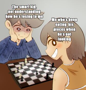Rule 34 | 2boys, black eyes, blue sweater, blush, bright pupils, brother and sister, brown hair, chess piece, closed mouth, commentary, dark-skinned male, dark skin, double-parted bangs, eating the chess pieces (meme), english commentary, english text, grin, hair behind ear, hair between eyes, hands on own cheeks, hands on own face, hero (faraway) (omori), hero (omori), highres, kel (faraway) (omori), kel (omori), long sleeves, looking at viewer, male focus, meme, multiple boys, omori, pkbunny, playing chess, short hair, siblings, smile, sweat, sweater, teeth, white pupils