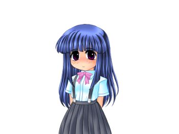 1girl arms_at_sides arms_behind_back black_skirt blue_hair bow bowtie closed_mouth expressionless eyes_visible_through_hair furude_rika game_cg higurashi_no_naku_koro_ni hime_cut long_hair no_nose pink_bow pink_bowtie purple_eyes ryukishi07 shirt skirt suspender_skirt suspenders variant_set white_shirt
