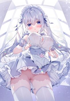 Rule 34 | 1girl, arched back, armpits, bare shoulders, blue eyes, blue hair, blurry, blurry background, blush, breasts, cleavage, dress, frilled dress, frilled skirt, frilled sleeves, frills, hair between eyes, hair ornament, hair ribbon, head bowed, head tilt, hisagi (puchimaple), large breasts, light blue hair, long hair, looking at viewer, looking down, maid, maid headdress, no bra, no panties, open mouth, original, poking, poking another's breast, pussy, rainbow, ribbon, see-through clothes, shadow, shiny skin, simple background, skirt, stick, sunlight, thighhighs, thighs, twintails, very long hair, white hair, window