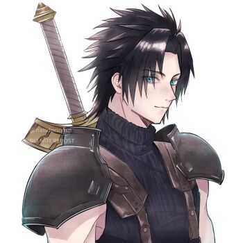 1boy absurdres armor black_hair blue_eyes closed_mouth cloud_strife cloud_strife_(cosplay) commentary cosplay crisis_core_final_fantasy_vii final_fantasy final_fantasy_vii hatidoricrisp highres looking_at_viewer male_focus parted_bangs ribbed_sweater short_hair shoulder_armor sleeveless sleeveless_turtleneck solo spiked_hair square_enix suspenders sweater sword sword_on_back turtleneck turtleneck_sweater twitter_username upper_body weapon weapon_on_back white_background zack_fair