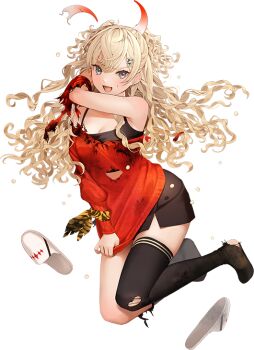 1girl asymmetrical_legwear bad_link black_skirt black_thighhighs blonde_hair burnt_clothes clothes_tug detached_horns full_body grey_eyes horns hoshiakari_(c2_kikan) kantai_collection looking_at_viewer minneapolis_(kancolle) minneapolis_(setsubun)_(kancolle) off-shoulder_sweater off_shoulder official_art red_sweater skirt smile solo standing sweater sweater_tug thighhighs torn_clothes transparent_background two_side_up uneven_legwear unworn_slippres wavy_hair