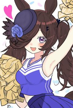 1girl alternate_costume animal_ears arm_up armpits blue_flower blue_rose blue_shirt blue_skirt blush breasts brown_hair cheerleader flower hair_ornament hair_over_one_eye hairclip hat hat_flower heart highres holding holding_pom_poms horse_ears horse_girl horse_tail long_hair looking_at_viewer medium_breasts midriff_peek miyabi1221 open_mouth pom_pom_(cheerleading) pom_poms purple_eyes rice_shower_(umamusume) rose shirt skirt sleeveless sleeveless_shirt smile solo tail tilted_headwear twintails umamusume