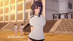 3d 4girls animated breasts clothes_lift criticalfireant flashing gym_shirt gym_shorts gym_uniform high_school_dxd himejima_akeno koikatsu_(medium) large_breasts looking_at_viewer multiple_girls nipples outdoors public_indecency purple_eyes purple_hair shirt shirt_lift shorts tagme twilight video white_shirt