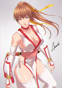 1girl amasaki_yusuke bare_shoulders breasts brown_eyes brown_hair cleavage dead_or_alive hair_ribbon kasumi_(doa) large_breasts long_hair ninja pelvic_curtain ponytail ribbon sideboob sleeveless sword thick_thighs thighhighs thighs weapon