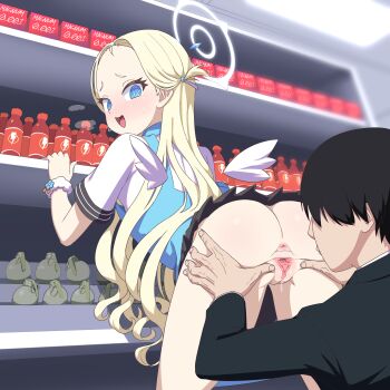 1boy 1girl @_@ absurdres angel angel_wings anus ass black_hair blonde_hair blue_archive blue_eyes blue_nails blush cromachina explosive from_behind grenade hair_ribbon halo highres loli long_hair looking_back nail_polish no_panties nose_blush open_mouth pussy ribbon short_sleeves skirt solo_focus sora_(blue_archive) spread_pussy tearing_up uncensored wings