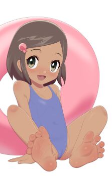 1girl :d arm_support barefoot blue_one-piece_swimsuit brown_hair collarbone feet hair_ornament hairclip happy innertube loli maidforge medium_hair nintendo one-piece_swimsuit open_mouth pokemon pokemon_bdsp simple_background sitting smile soles solo spread_legs swim_ring swimsuit toes tuber_(pokemon) white_background