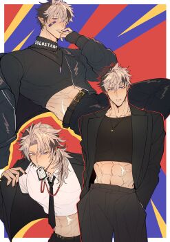 Rule 34 | 1boy, abs, alternate costume, bandaid, bandaid on face, belt, black jacket, black nails, black necktie, black pants, black sweater, brown belt, brown hair, collared shirt, commentary, crimzon ruze, crop top, ear piercing, english commentary, fashion, hands in pockets, highres, holding, holding id card, holostars, holostars english, id card, jacket, leather, leather jacket, long hair, low ponytail, male focus, mouth hold, multicolored hair, multiple views, muscular, muscular male, nail polish, necktie, outline, pants, piercing, pointy ears, ponytail, purple eyes, red outline, scar, scar on stomach, senza0813, shirt, short hair, sleeves past wrists, sweater, turtleneck, turtleneck sweater, two-tone hair, virtual youtuber, white shirt