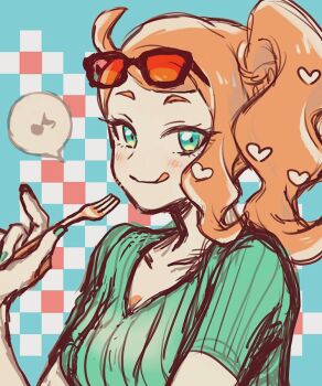 1girl akrmdskndk aqua_eyes aqua_shirt black-framed_eyewear breasts collarbone eyewear_on_head fork hair_ornament hand_up heart heart_hair_ornament holding holding_fork light_blush medium_breasts nintendo no_coat orange-tinted_eyewear orange_hair pokemon pokemon_swsh ribbed_shirt shirt short_sleeves side_ponytail side_ponytail_with_hair_base sketch smile solo sonia_(pokemon) sunglasses swept_bangs tinted_eyewear tongue tongue_out upper_body v-neck wavy_hair