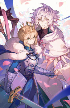 1boy 1girl absurdres ahoge armor artoria_pendragon_(fate) blonde_hair blue_cape blue_dress braid braided_base breastplate cape chinese_commentary commentary_request crown dress excalibur_(fate/stay_night) fate/grand_order fate_(series) faulds fur-trimmed_cape fur_trim gauntlets green_eyes grin hand_on_another's_hand highres holding holding_sword holding_weapon kotatsu_kaya looking_at_viewer merlin_(fate) purple_eyes saber_(fate) smile sword weapon white_hair