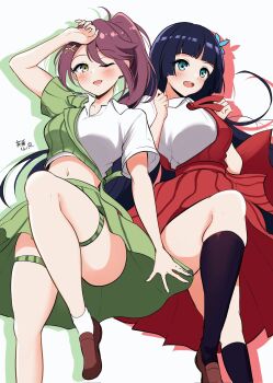 Rule 34 | 2girls, :d, ;d, ahoge, black socks, blue bow, bow, breasts, brown hair, brown shoes, collarbone, collared shirt, commentary request, cropped jacket, cropped shirt, dress, drop shadow, foot out of frame, goto akira, green eyes, green jacket, green skirt, hair bow, hair ribbon, high ponytail, highres, hime cut, ikizulive! love live! bluebird, jacket, kneehighs, komagata hanabi, large breasts, leg up, loafers, long hair, love live!, miniskirt, multiple girls, neck ribbon, one eye closed, open collar, open mouth, pinstripe dress, pinstripe jacket, pinstripe pattern, pinstripe skirt, pleated skirt, ponytail, purple hair, red dress, red ribbon, ribbon, ryopa, shirt, shoes, short sleeves, signature, simple background, skirt, smile, socks, thigh strap, very long hair, what is my life? (love live!), white background, white shirt, white socks, yellow ribbon